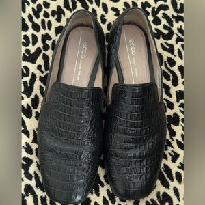 ECCO Croc Embossed Black Leather Loafers Slip On Comfort Shoes Women’s EU 38